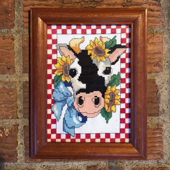 Hand Crafted Other - Framed Completed Cross Stitch Holstein Cow with Blue Bow & Yellow Sunflowers